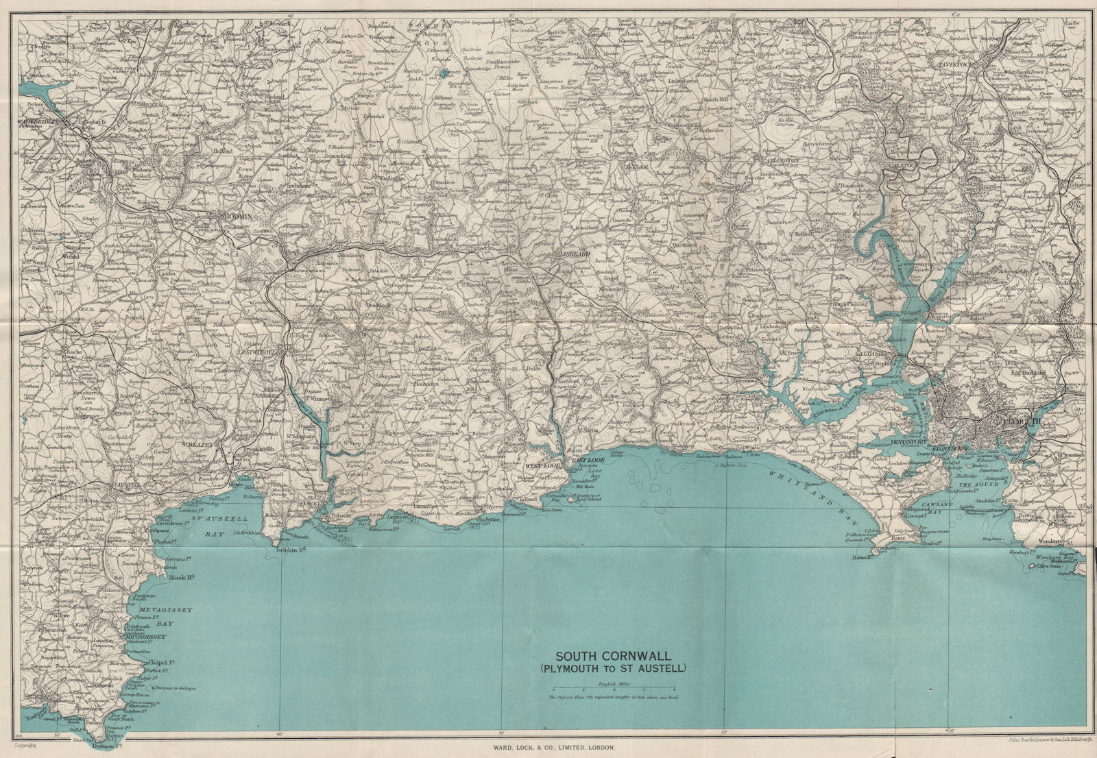 SOUTH CORNWALL COAST/TAMAR Plymouth Looe Fowey Mevagissey St Austell 1948 map